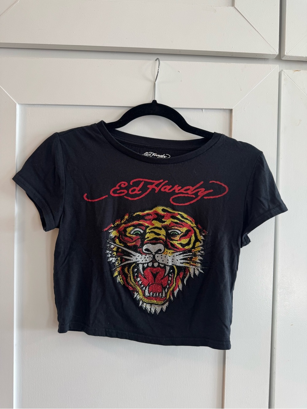 Ed Hardy Tiger Rhinestone Crop Top Black Y2K Graphic Tee Size M